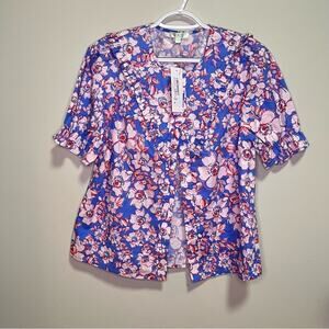 Jade Melody Tam Blue Pink Floral Short Sleeve Button Down Shirt XS Yoke Blouse
